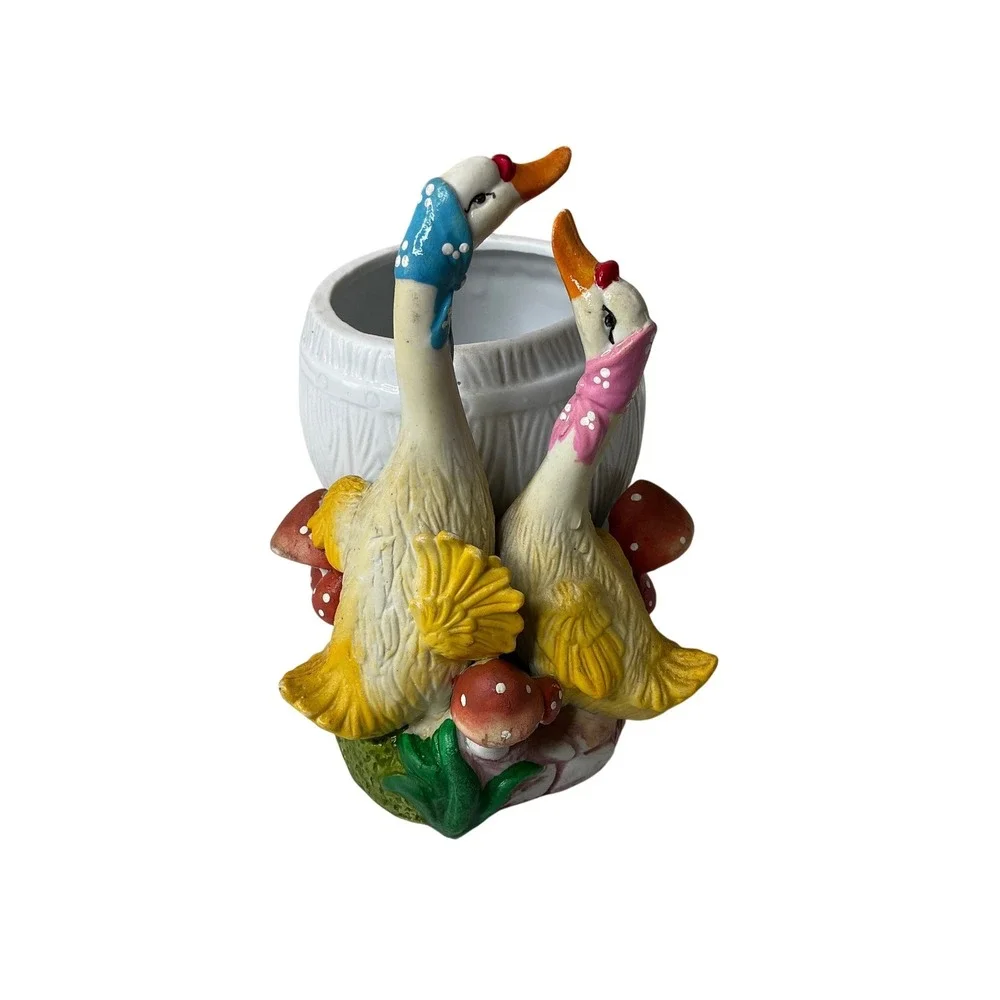 Vintage Ceramic Mother Goose Planter 2 Geese Mushrooms Decor Cottagecore Country